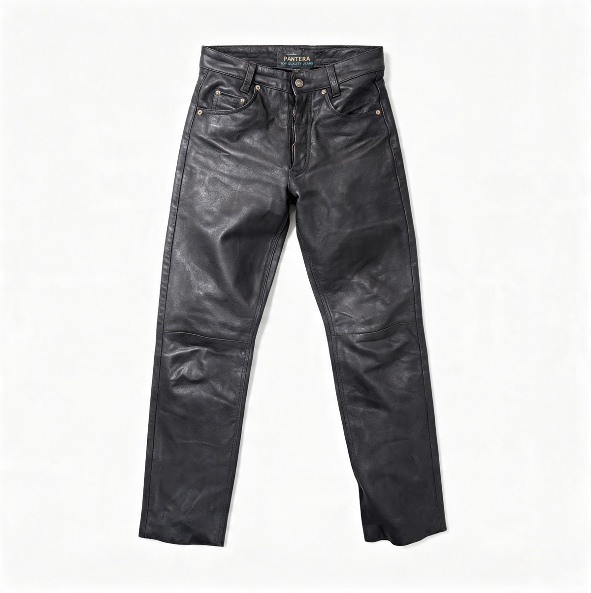 A pair of black leather pants with a distressed, faded finish, laid flat against a clean white background. The brand name 'PANTERA' is visible on the inner waistband label.