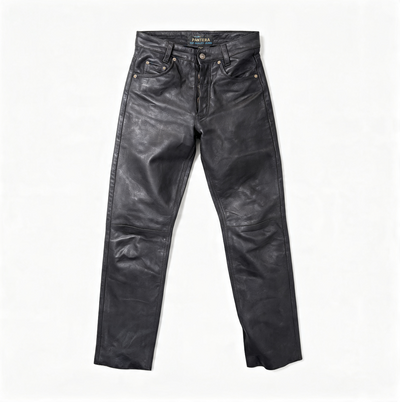 A pair of black leather pants with a distressed, faded finish, laid flat against a clean white background. The brand name 'PANTERA' is visible on the inner waistband label.