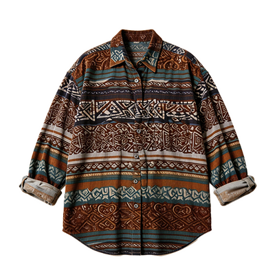 A long-sleeve button-up shirt with a complex horizontal tribal and geometric pattern in brown, rust orange, teal, beige, and black, shown against a plain white background.