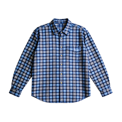A long-sleeve plaid button-up shirt in blue, white, and black, shown flat against a solid white background.