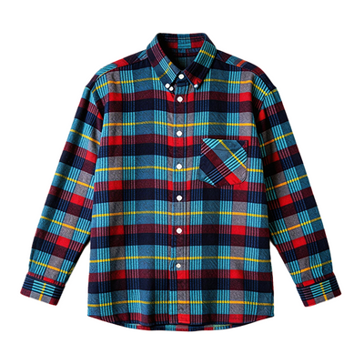 A long-sleeve button-up plaid shirt with a chest pocket, featuring a multicolor pattern of red, blue, yellow, and black plaid on a white background.