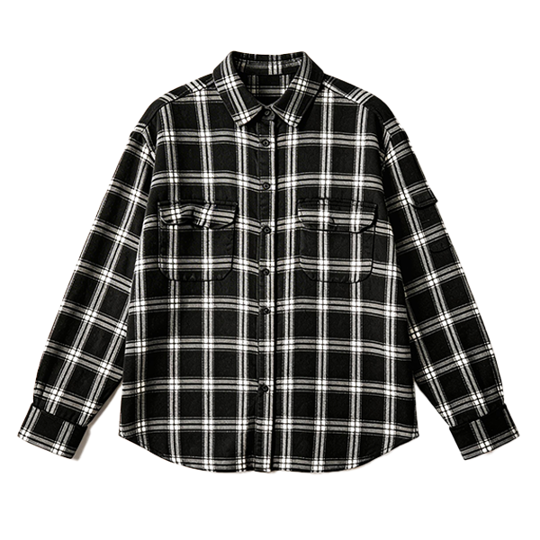 A black and white plaid long-sleeve button-up shirt with two chest pockets, laid flat against a solid white background.