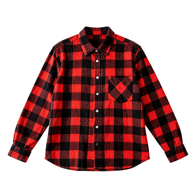 A red and black buffalo plaid long-sleeve button-up shirt with a chest pocket, displayed flat against a solid white background.