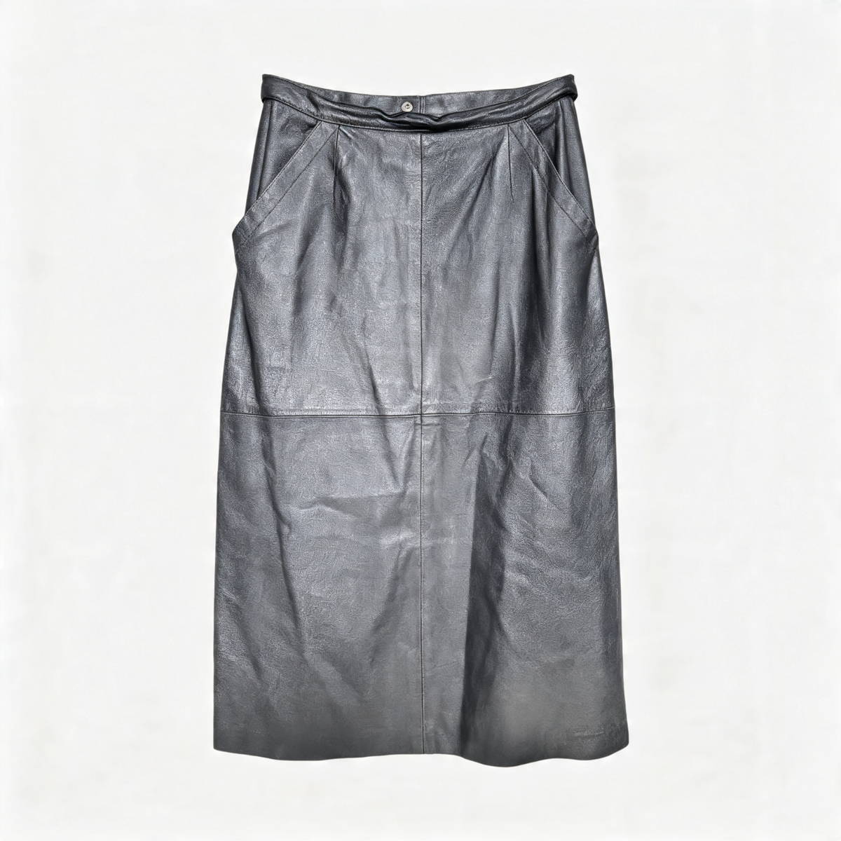 A dark gray leather calf length skirt with side pockets, shown flat against a light off-white background.