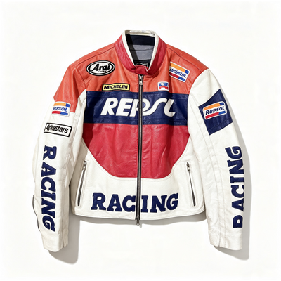 A vintage-style leather racing jacket with red, white, and navy blue panels, featuring prominent 'REPSOL RACING' logos and sponsor patches including 'Arai', 'Michelin', and 'Alpinestars'.