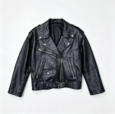 A black leather motorcycle jacket with silver hardware, laid flat against a light gray background.