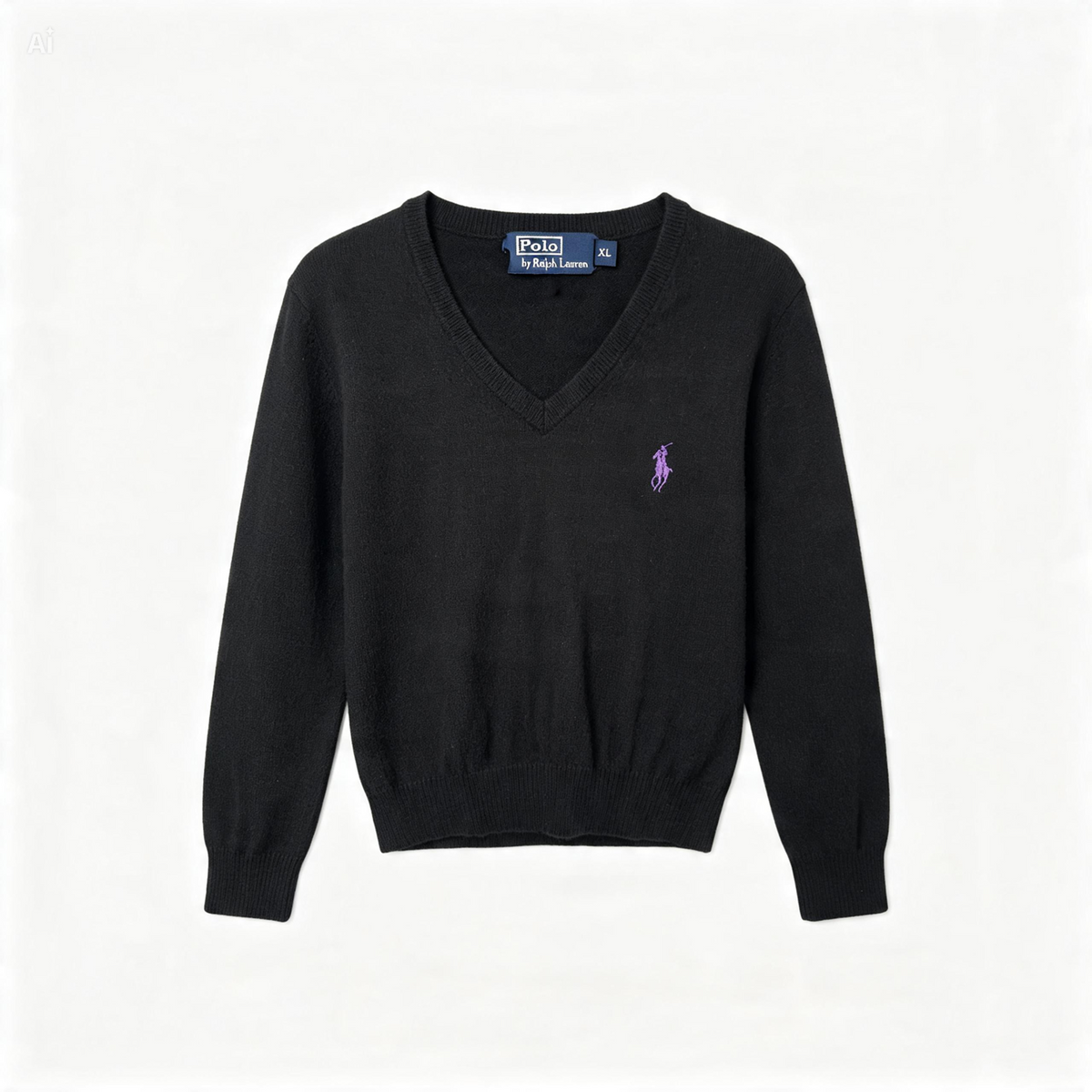 A black long-sleeve V-neck sweater by Polo Ralph Lauren, featuring a small embroidered purple polo player logo on the left chest, displayed flat against a light off-white background.