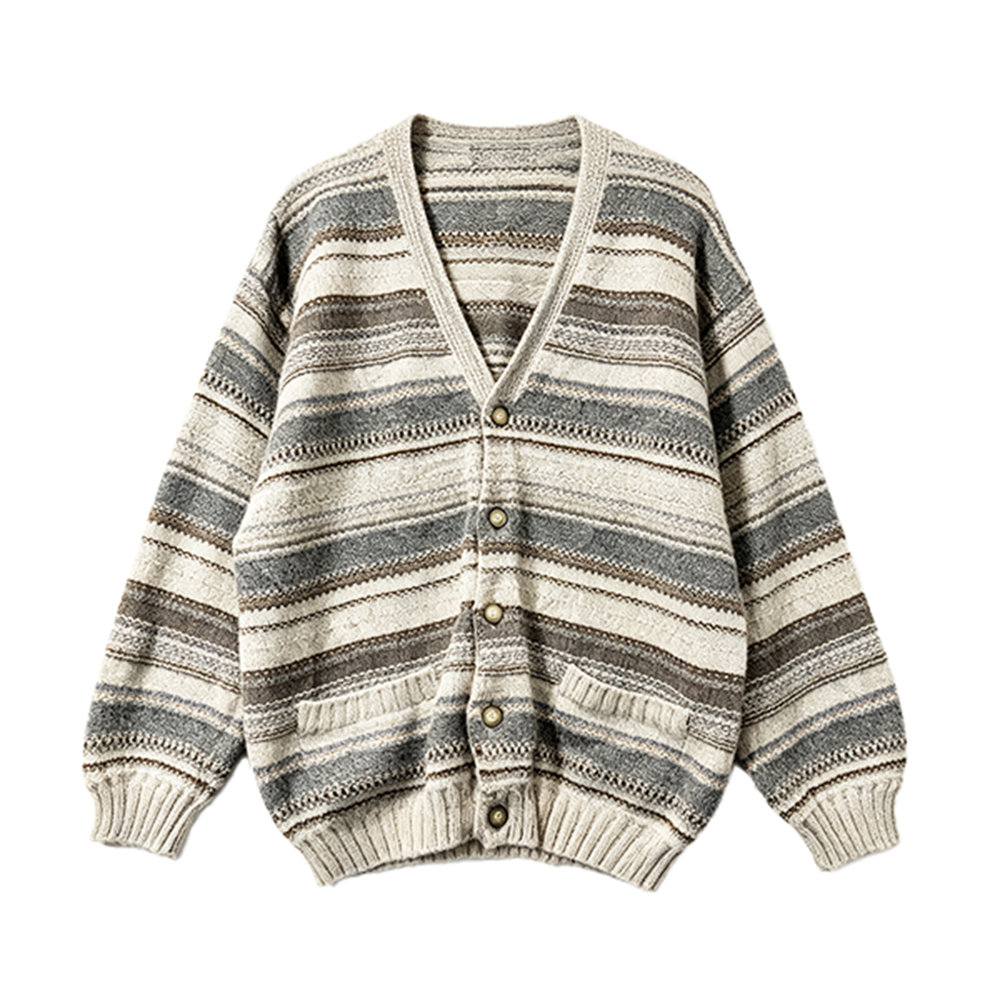 A striped knit cardigan sweater with a V-neck, button-front closure, and ribbed cuffs and hem, shown on a plain white background.