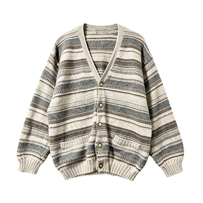 A striped knit cardigan sweater with a V-neck, button-front closure, and ribbed cuffs and hem, shown on a plain white background.