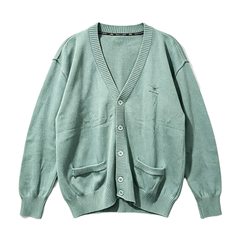 A sage green knit cardigan sweater with a V-neck, button closure, and front pockets, shown flat on a white background.