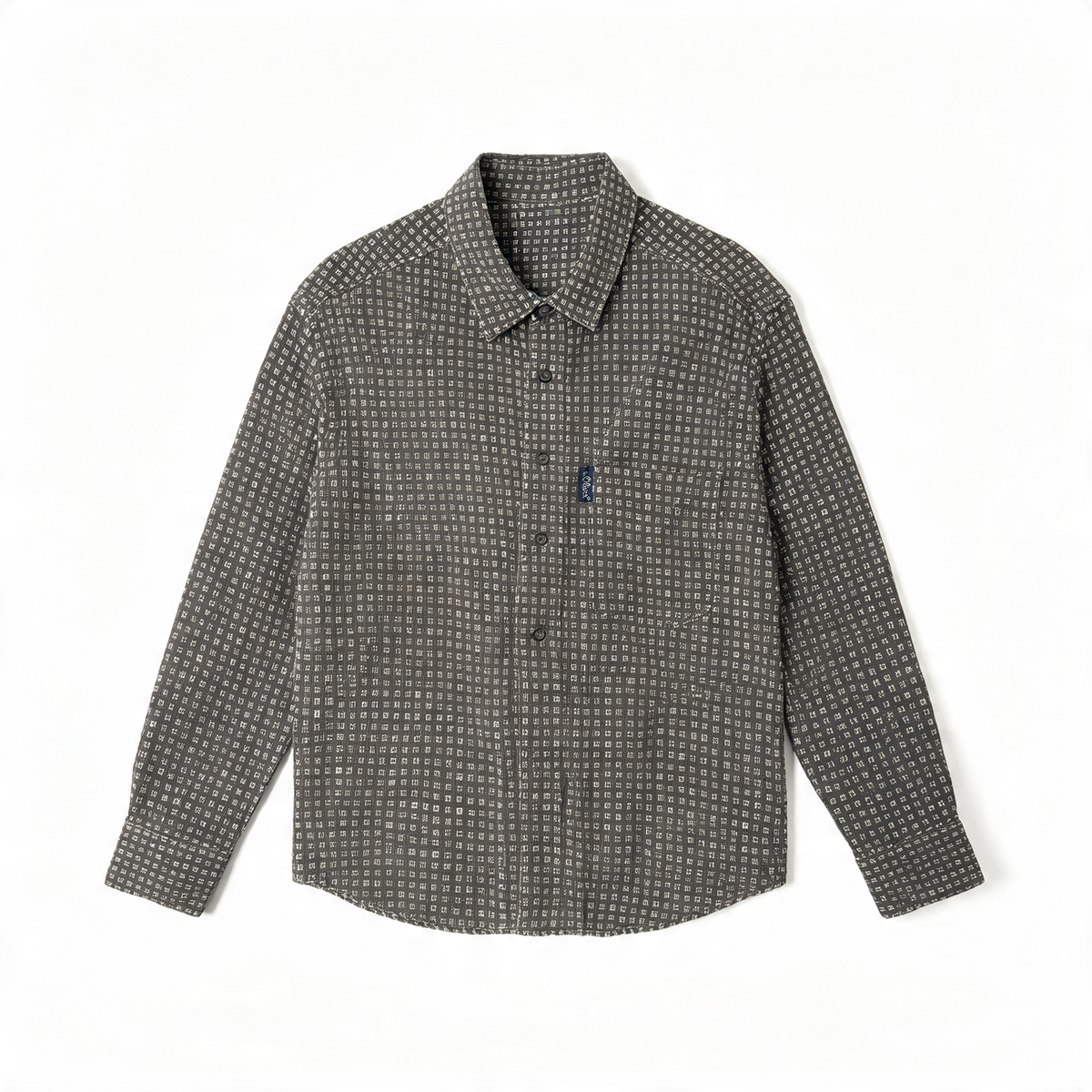 A long-sleeve button-up shirt with a dark gray and white micro-checkered pattern, laid flat against a white background.