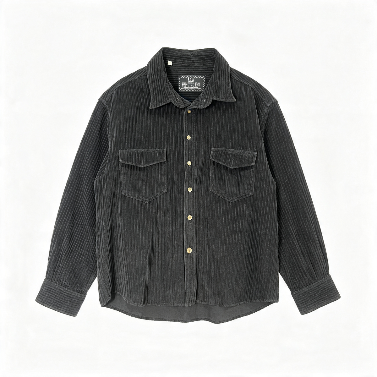 A dark charcoal corduroy button-up shirt jacket with two chest pockets and gold-tone buttons, laid flat against a white background.