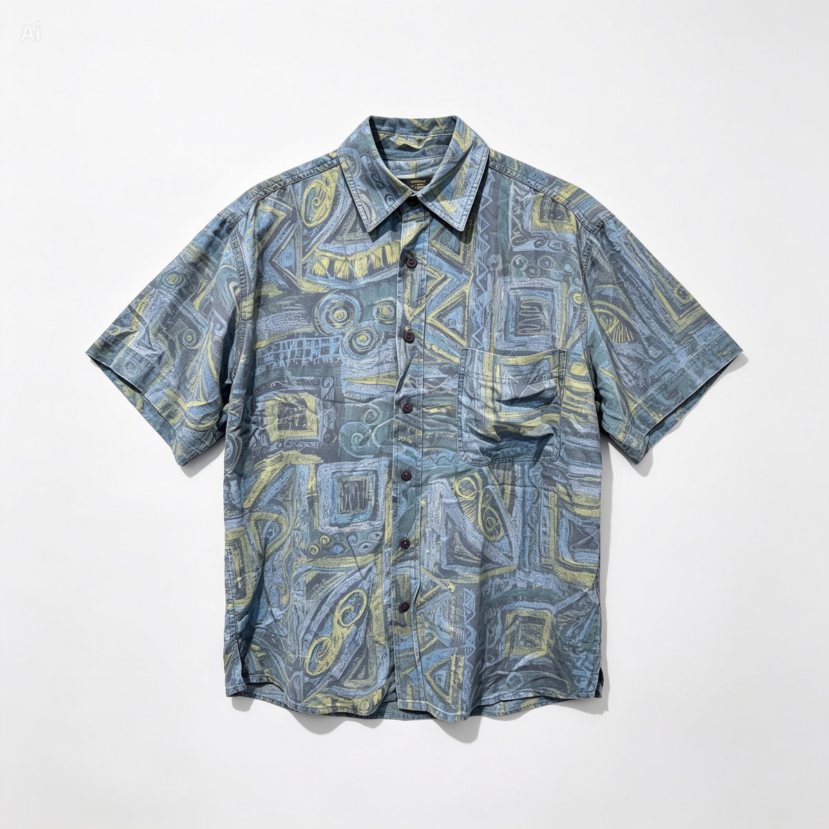 A short-sleeve button-up shirt with an abstract geometric pattern in slate blue, gray, and yellow, laid flat against a white background.