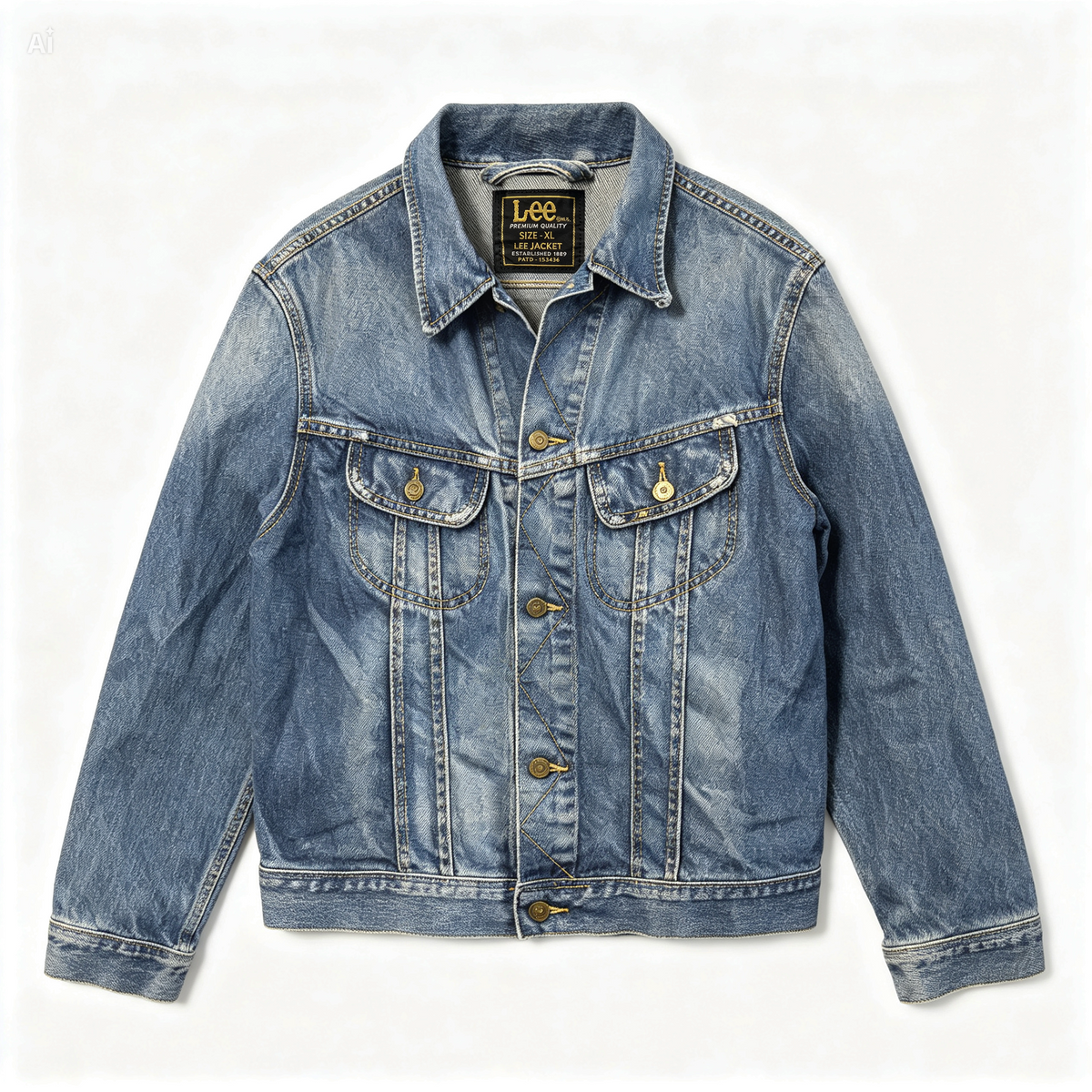 A classic light-wash blue denim trucker jacket by Lee, featuring a button-up front, two chest flap pockets, and brass buttons, laid flat against a white background.