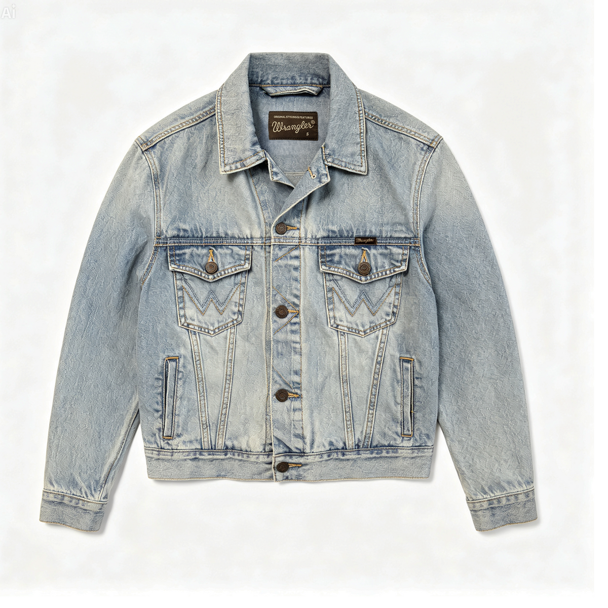 A light blue wash Wrangler denim jacket with button closures, chest flap pockets, and side welt pockets, laid flat against a white background.