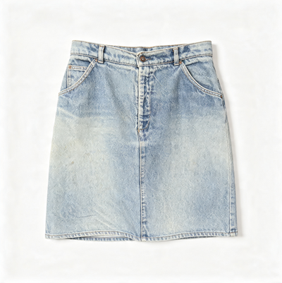A light blue wash denim mini skirt with a front fly and side pockets, laid flat against a white background.