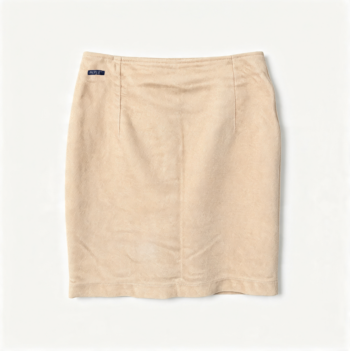 A beige knit pencil skirt with a small navy blue 'RIFLE' label on the left side waistband, laid flat against a white background.