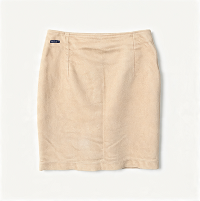 A beige knit pencil skirt with a small navy blue 'RIFLE' label on the left side waistband, laid flat against a white background.