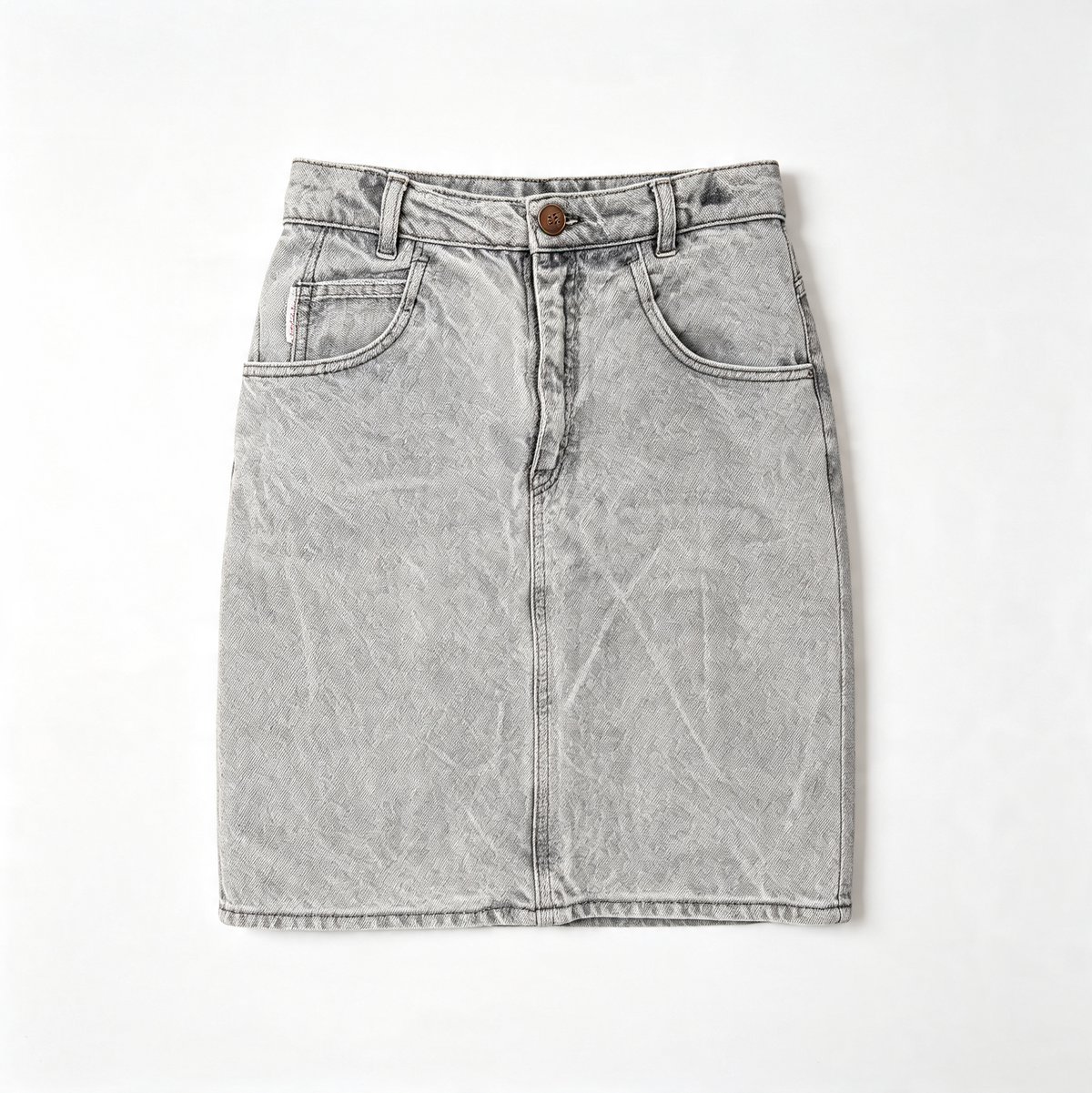 A light gray acid-wash denim mini skirt with a front button closure, belt loops, and two front patch pockets, laid flat against a white background.