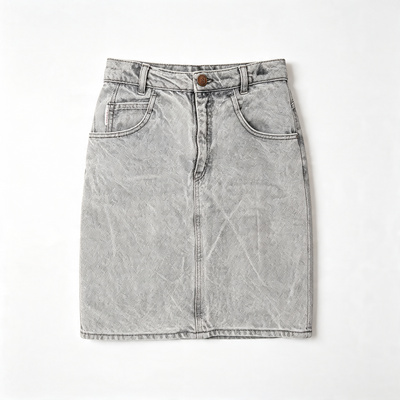 A light gray acid-wash denim mini skirt with a front button closure, belt loops, and two front patch pockets, laid flat against a white background.