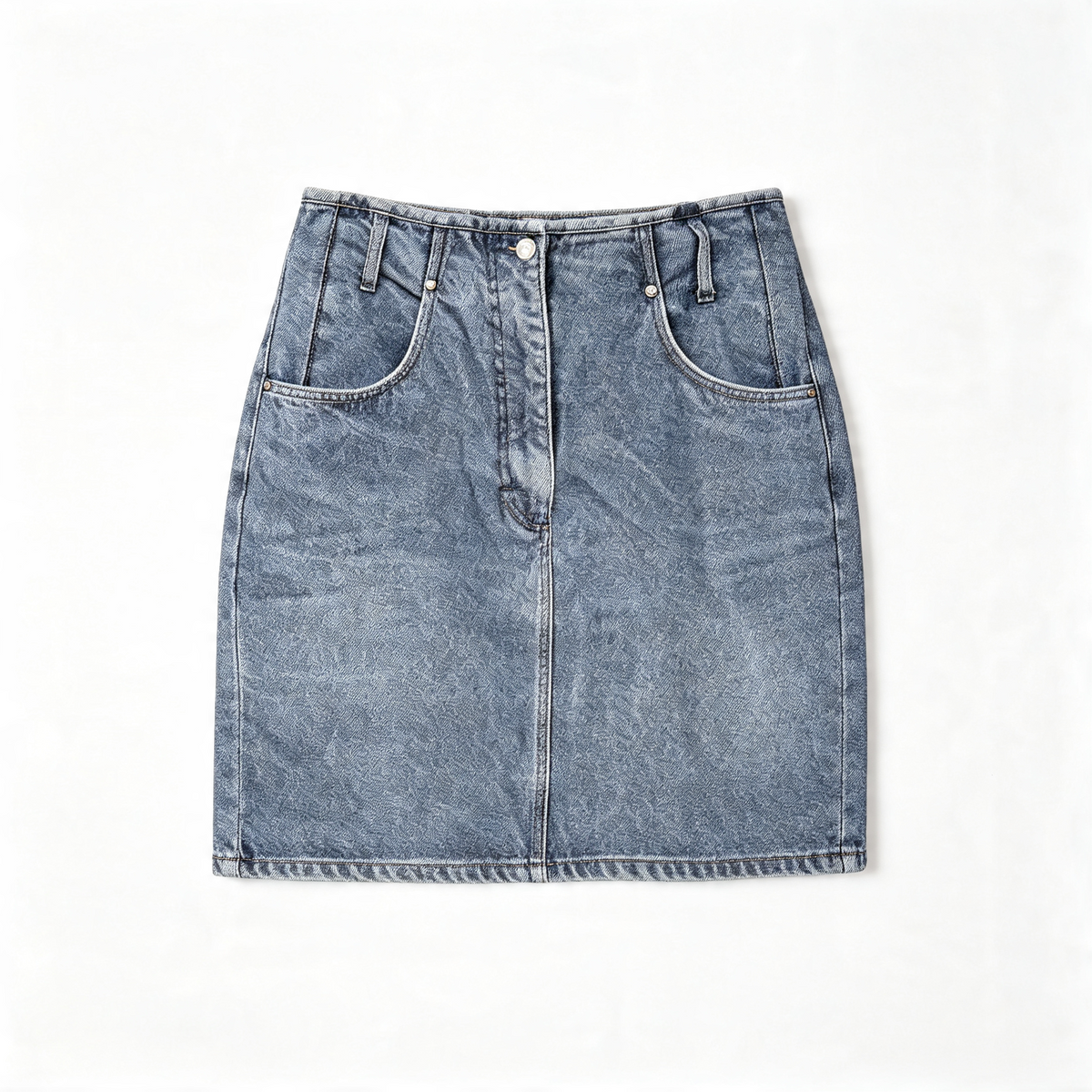A light blue denim mini skirt with a faded wash, featuring a front button closure, belt loops, and two large front patch pockets, laid flat against a white background.