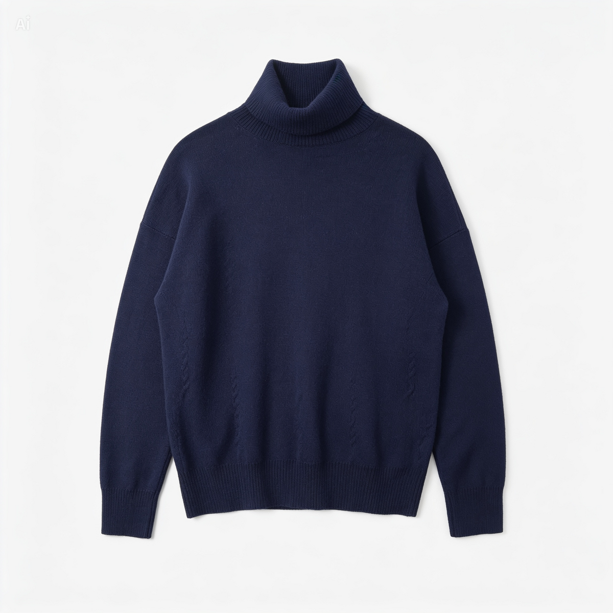 A navy blue knit turtleneck sweater with cable knit details on the sleeves, shown flat against a clean white background.