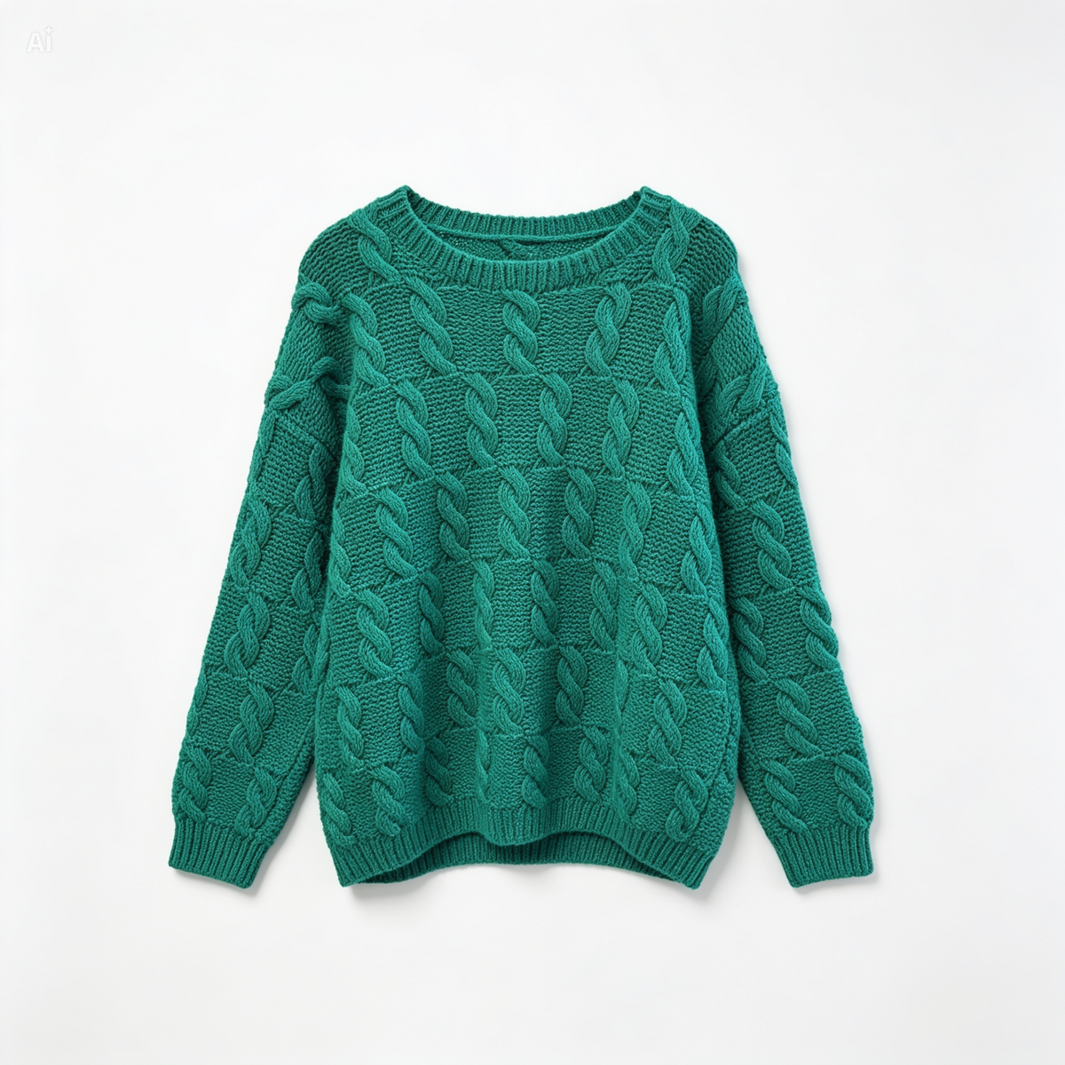 A green cable-knit crewneck sweater with a textured, raised pattern, laid flat against a white background.