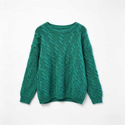 A green cable-knit crewneck sweater with a textured, raised pattern, laid flat against a white background.