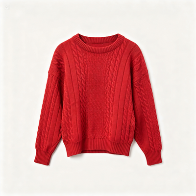 A vibrant red cable-knit crewneck sweater with a relaxed fit, laid flat against a clean off-white background.