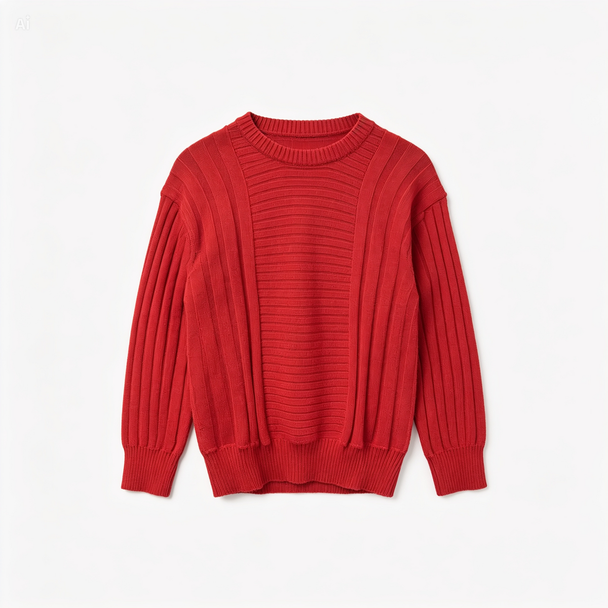 A vibrant red crewneck sweater with a textured, ribbed knit design, featuring long sleeves with vertical ribbing and a relaxed fit, displayed on a clean white background.