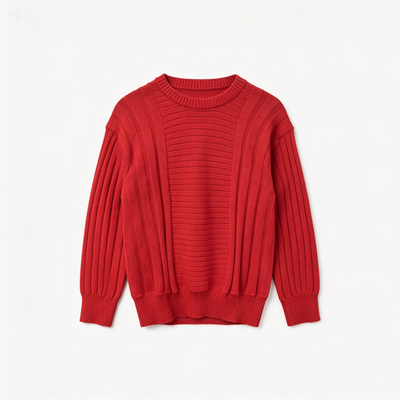 A vibrant red crewneck sweater with a textured, ribbed knit design, featuring long sleeves with vertical ribbing and a relaxed fit, displayed on a clean white background.