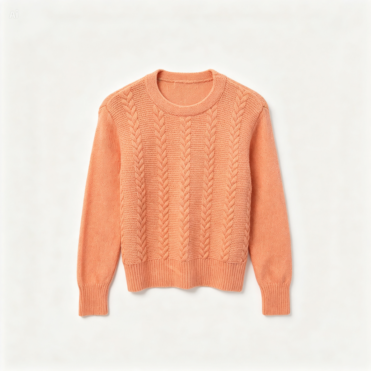 A peach-colored cable-knit crewneck sweater with ribbed cuffs and hem, displayed flat against a light off-white background.