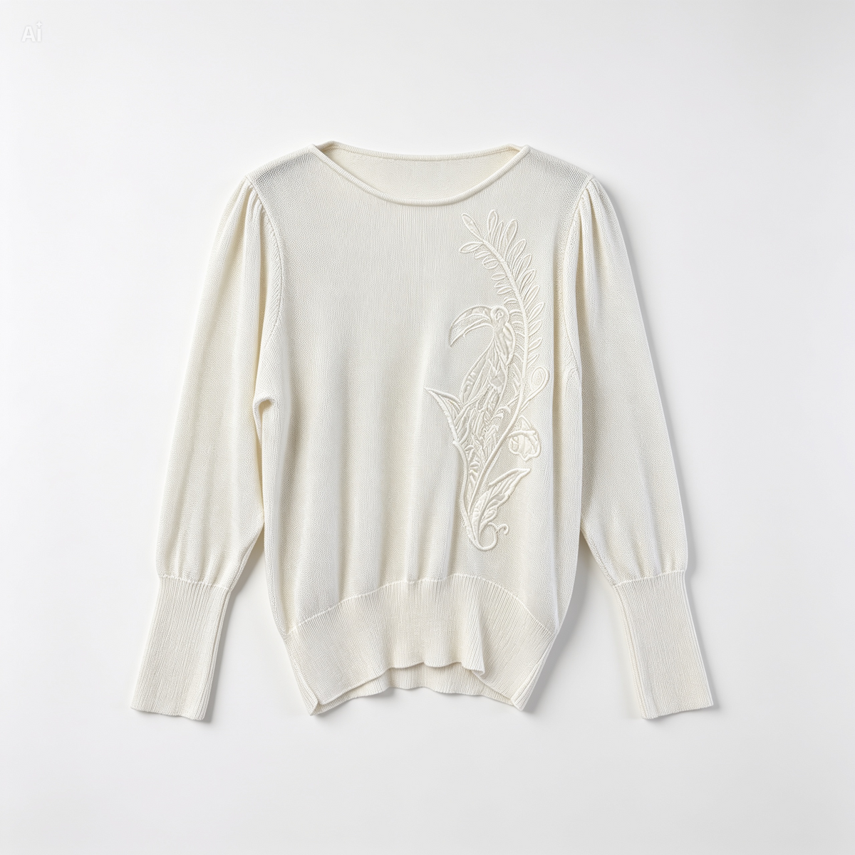 An off-white long-sleeve knit sweater with a delicate floral embroidery on the right chest, displayed flat against a light gray background.