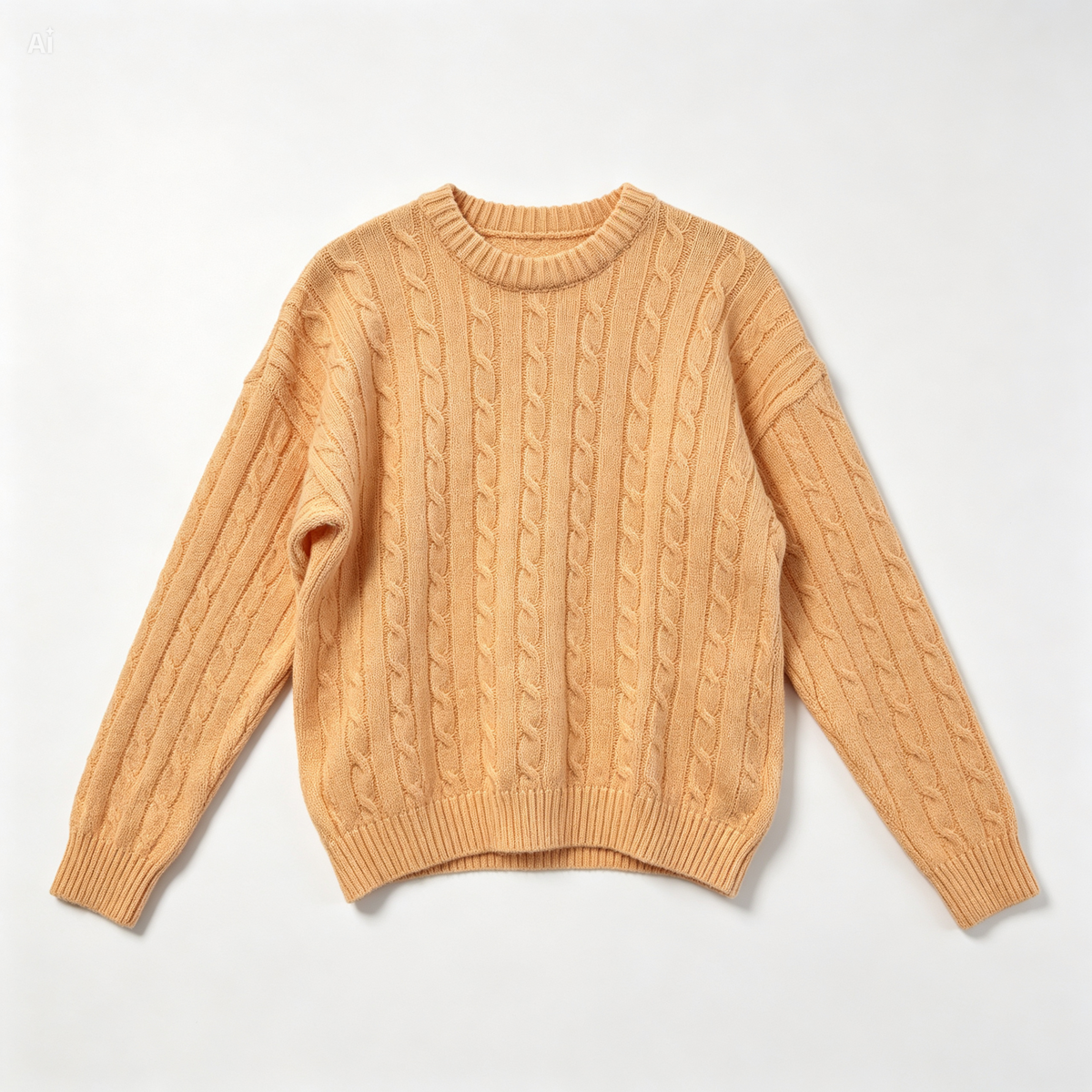 A light peach cable-knit crewneck sweater laid flat against a clean white background.