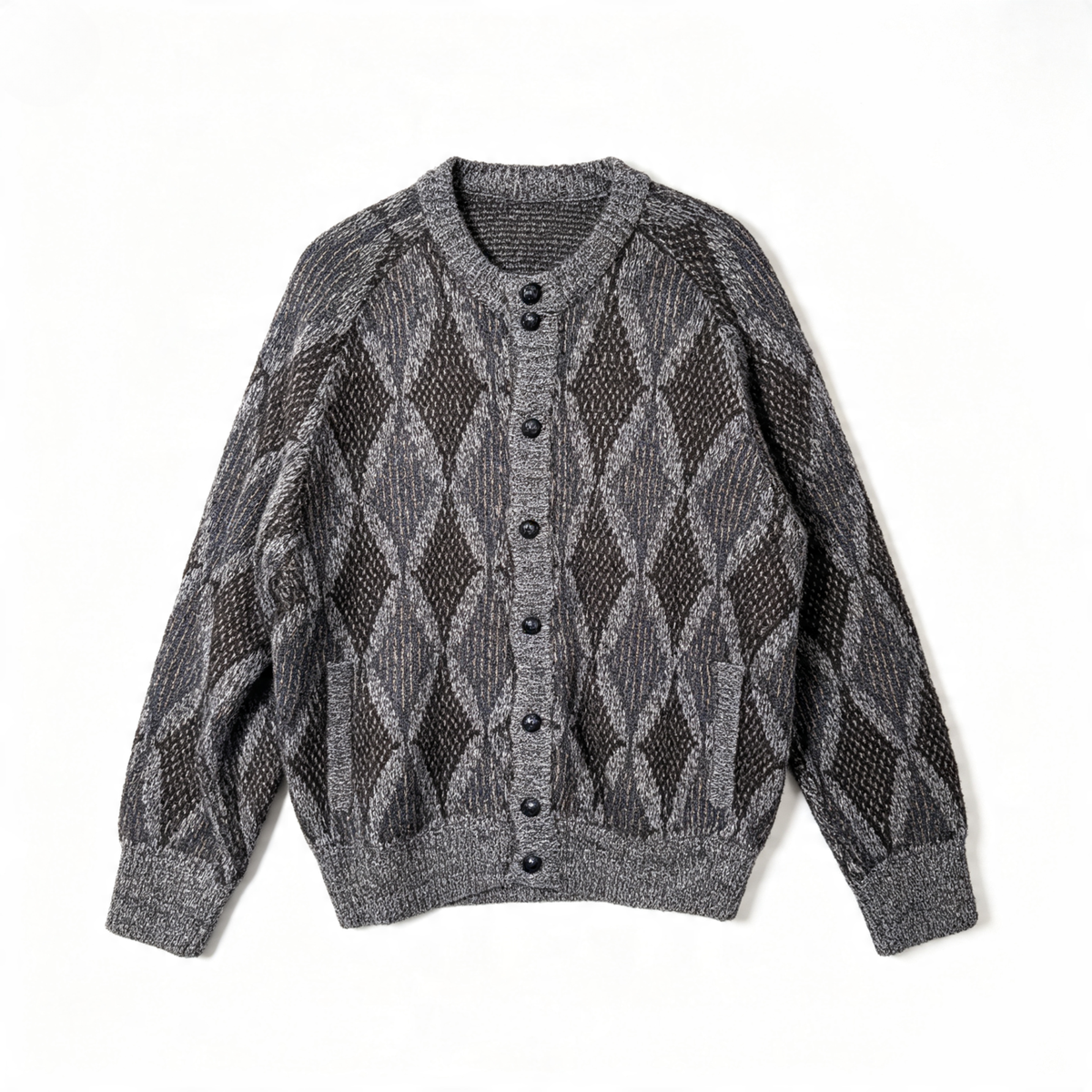 A gray and black argyle knit cardigan sweater with a button-up front, laid flat against a white background.