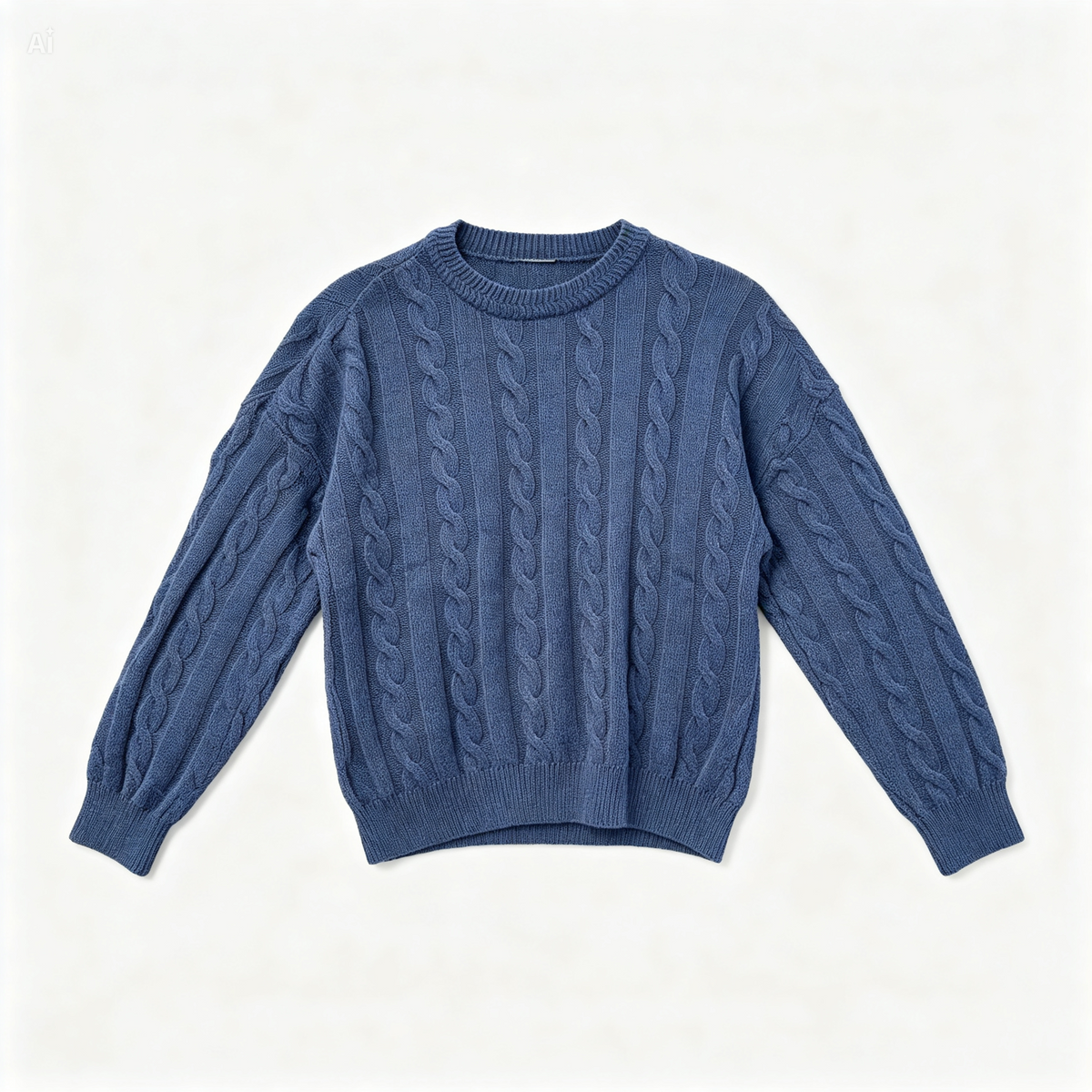 A blue cable-knit crewneck sweater laid flat against a light off-white background.