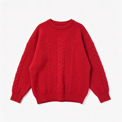 A bright red cable-knit crewneck sweater displayed flat against a clean white background.