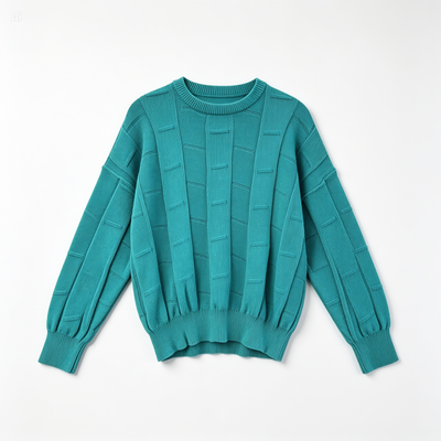A teal green ribbed knit sweater with a crew neck, laid flat on a white background. The sweater features vertical textured stripe panels on the front and balloon sleeves.