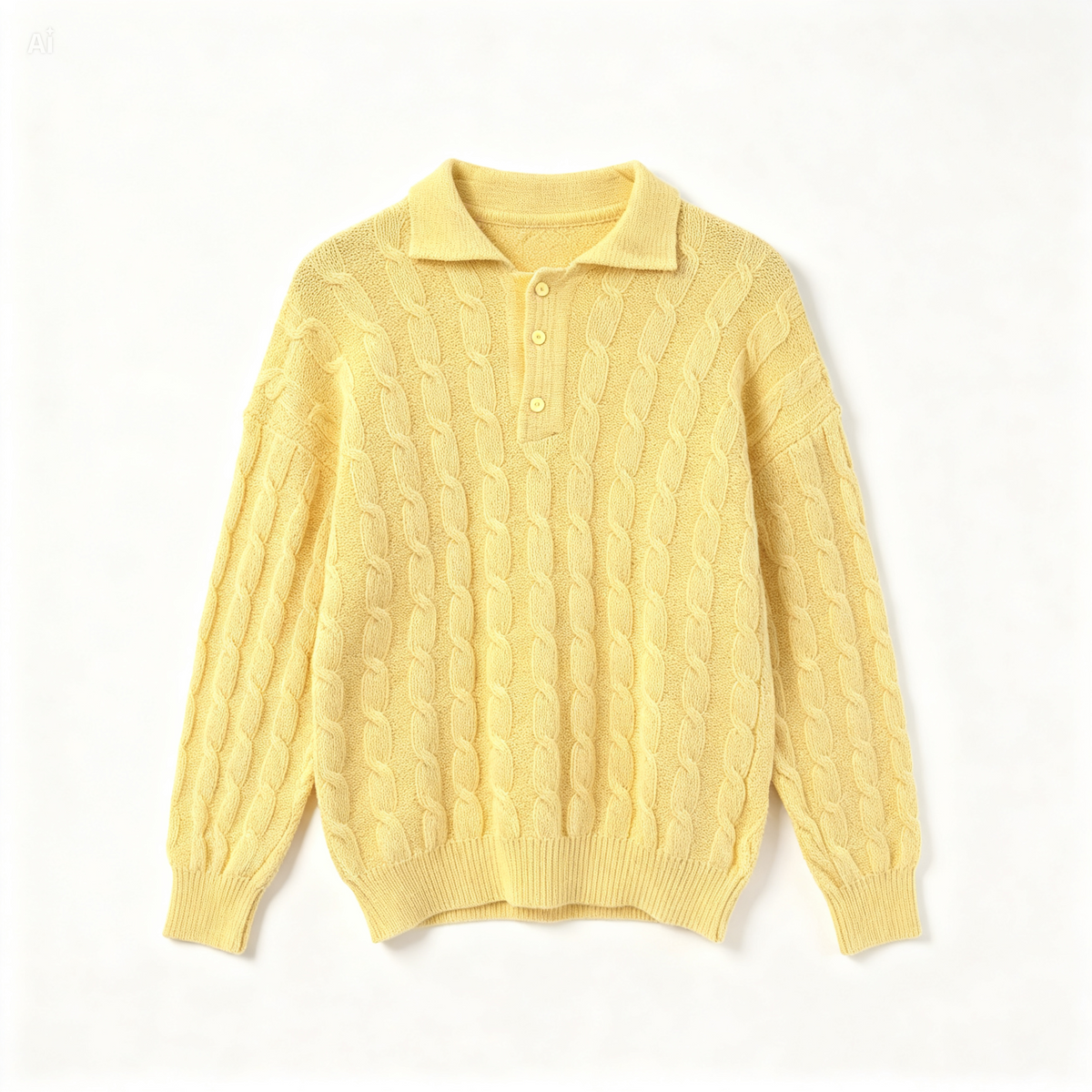 A pale yellow cable-knit polo sweater with a three-button placket, laid flat against a clean white background.