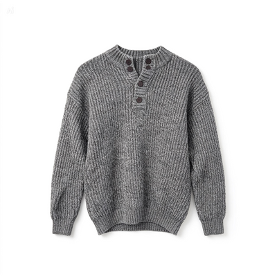 A gray ribbed knit sweater with a three-button henley neckline, displayed flat against a plain white background.