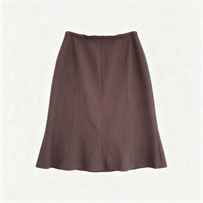 A brown A-line skirt with a straight waistband, laid flat against a light off-white background.
