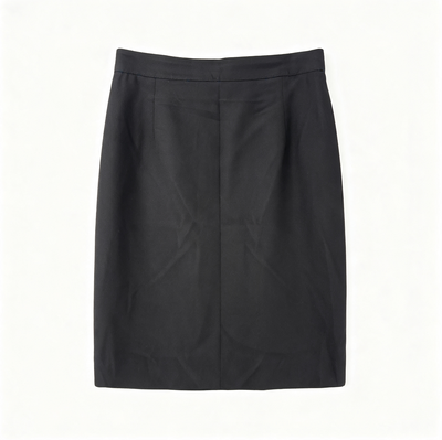 A black knee-length skirt with a structured waistband and front center seam, laid flat against a white background.