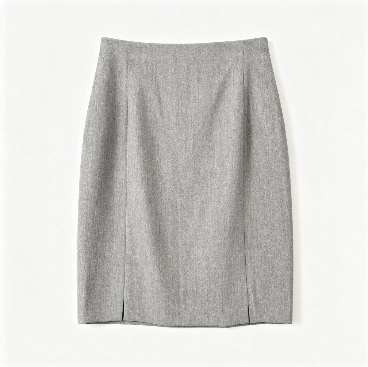 A light gray textured pencil skirt with a straight waistband and subtle front seam details, laid flat against a clean white background.