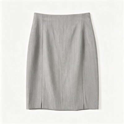 A light gray textured pencil skirt with a straight waistband and subtle front seam details, laid flat against a clean white background.