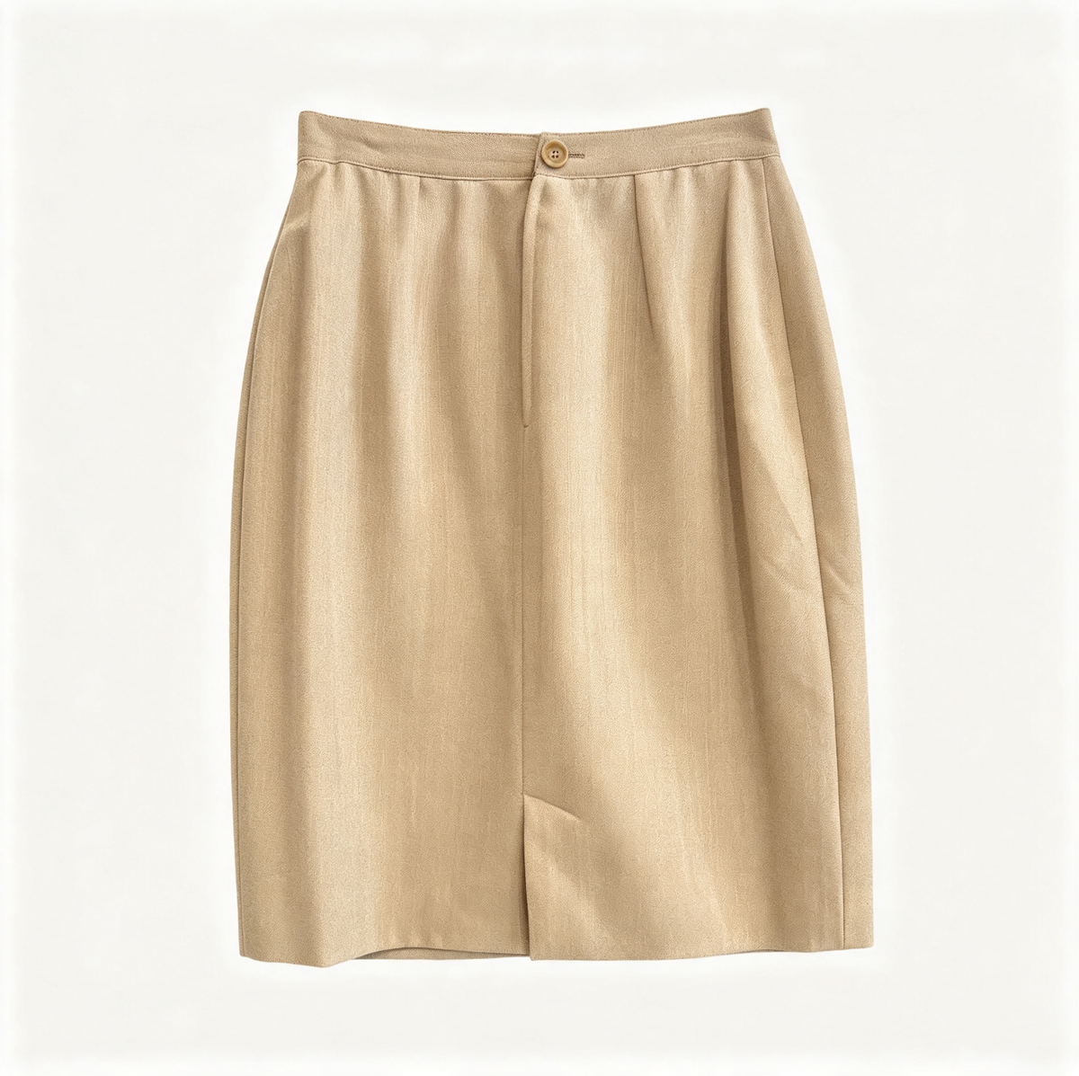 A beige pleated skirt with a single button closure at the waist, displayed flat against a light off-white background.