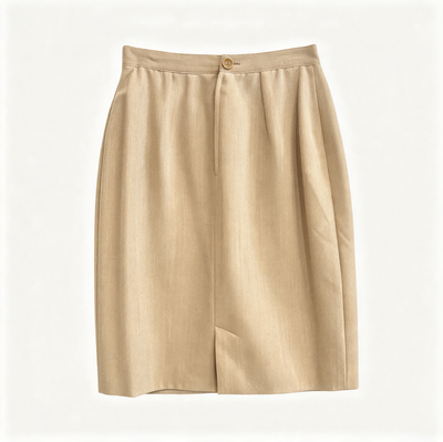 A beige pleated skirt with a single button closure at the waist, displayed flat against a light off-white background.