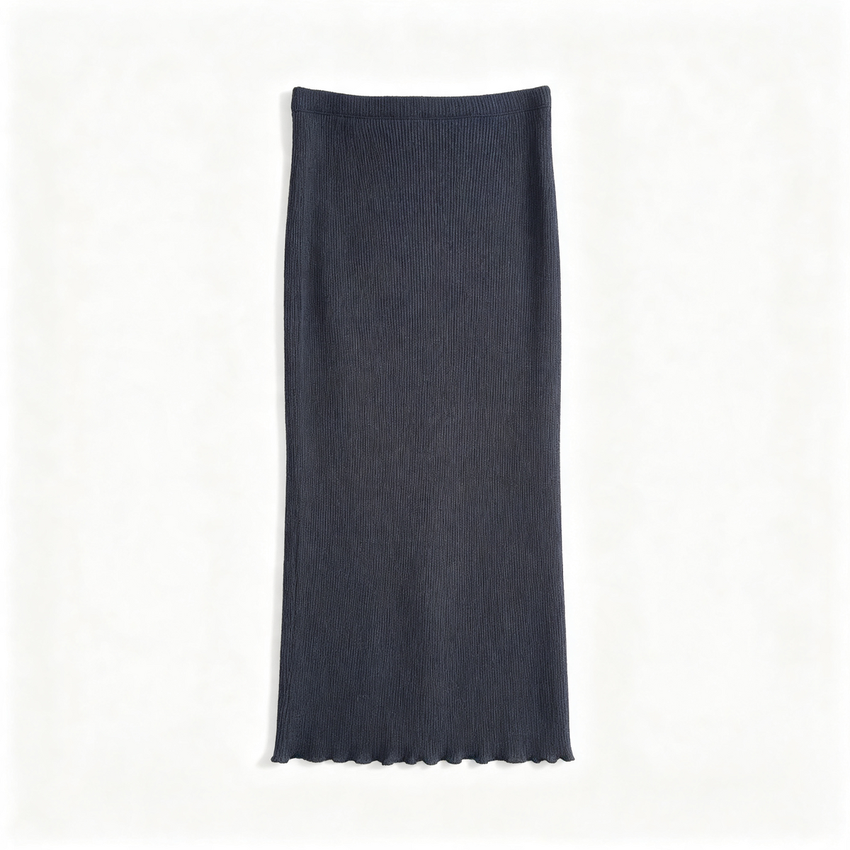 A dark charcoal gray ribbed knit midi skirt with a scalloped edge, laid flat against a clean white background.