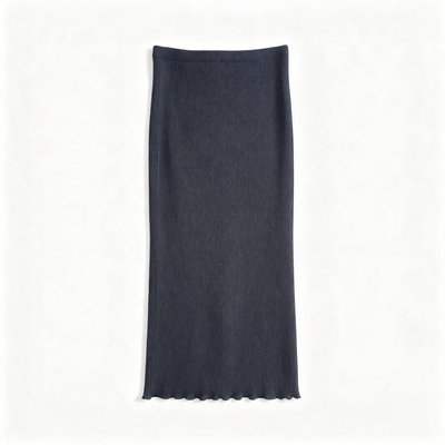 A dark charcoal gray ribbed knit midi skirt with a scalloped edge, laid flat against a clean white background.