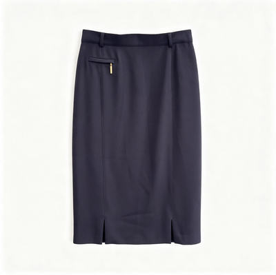A dark navy blue pencil skirt with a small gold zipper pocket on the left side, laid flat against a light off-white background.