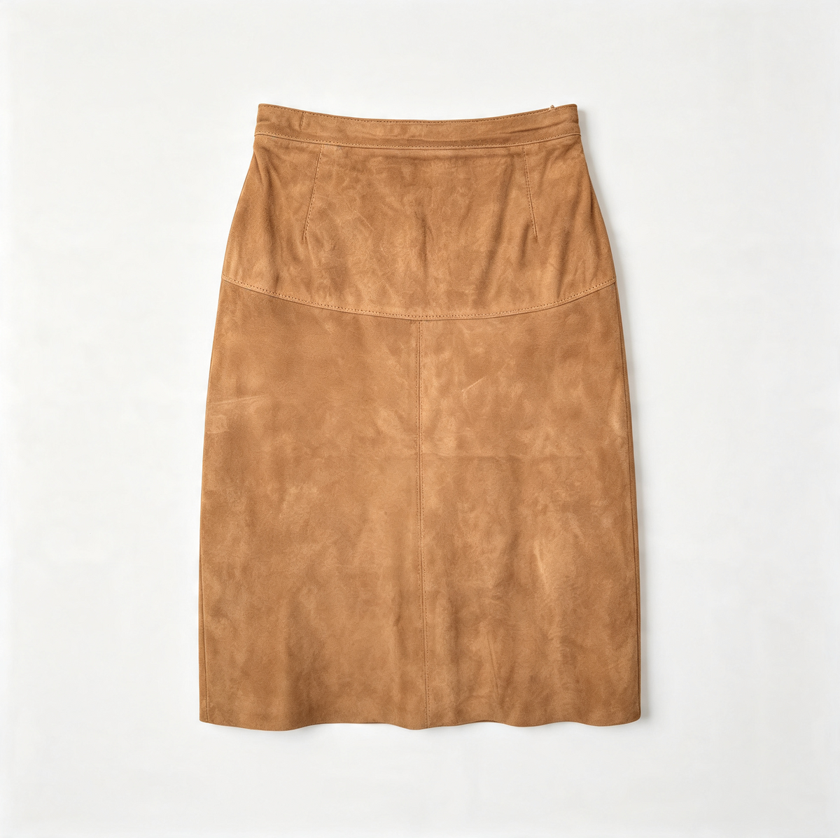 A tan suede pencil skirt with a gathered waistband, laid flat against a clean white background.